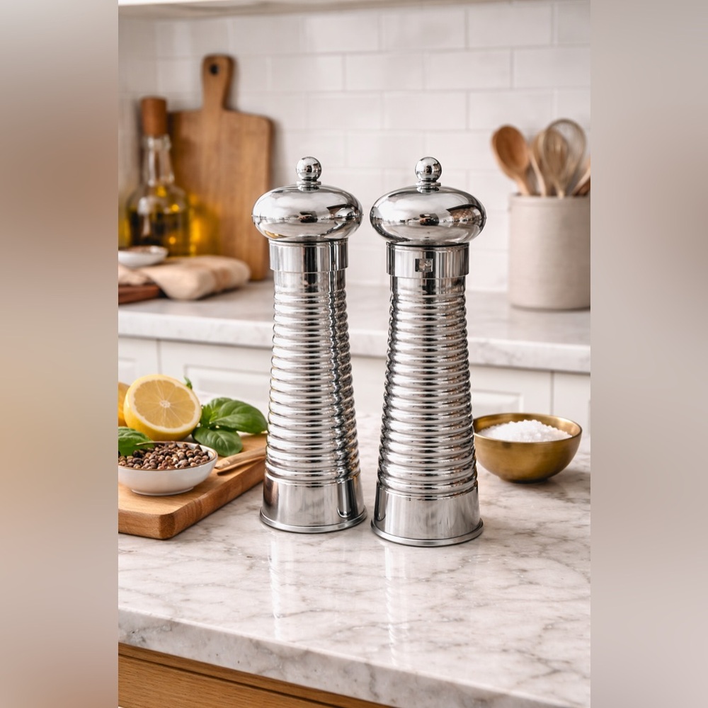 HM Beehive Chrome Pepper Mills – Set of 2 | 8” Tall | New / Never Used
